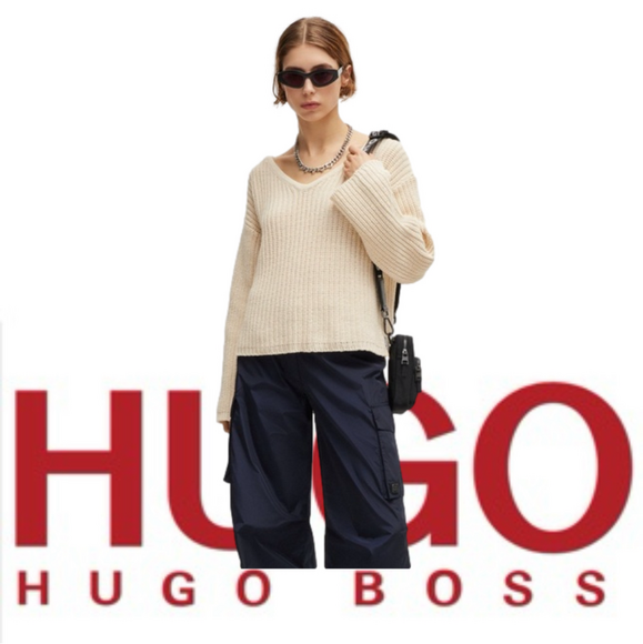 HUGO BOSS Long Sleeve Sweater With V-Neck in Soft Cream, Size Large, NWT - Picture 4 of 10